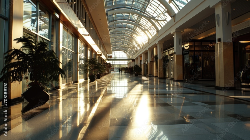 Poster A large atrium filled with natural light streaming through numerous windows. Ideal for architectural designs, interior concepts, and corporate environments