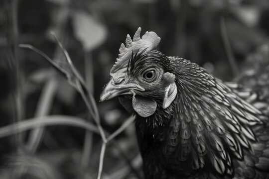 A black and white photo of a chicken. Suitable for various uses