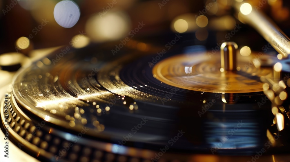 Poster a close up view of a record spinning on a turntable. perfect for music enthusiasts and vintage lover