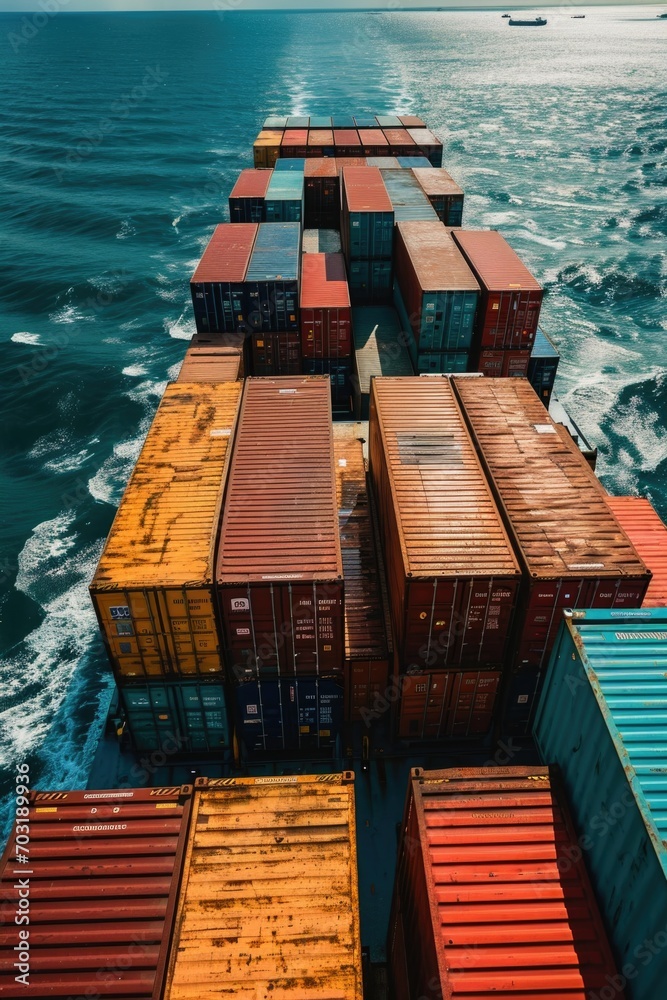 Poster a picture of a large container ship sailing through the ocean. suitable for transportation and logis