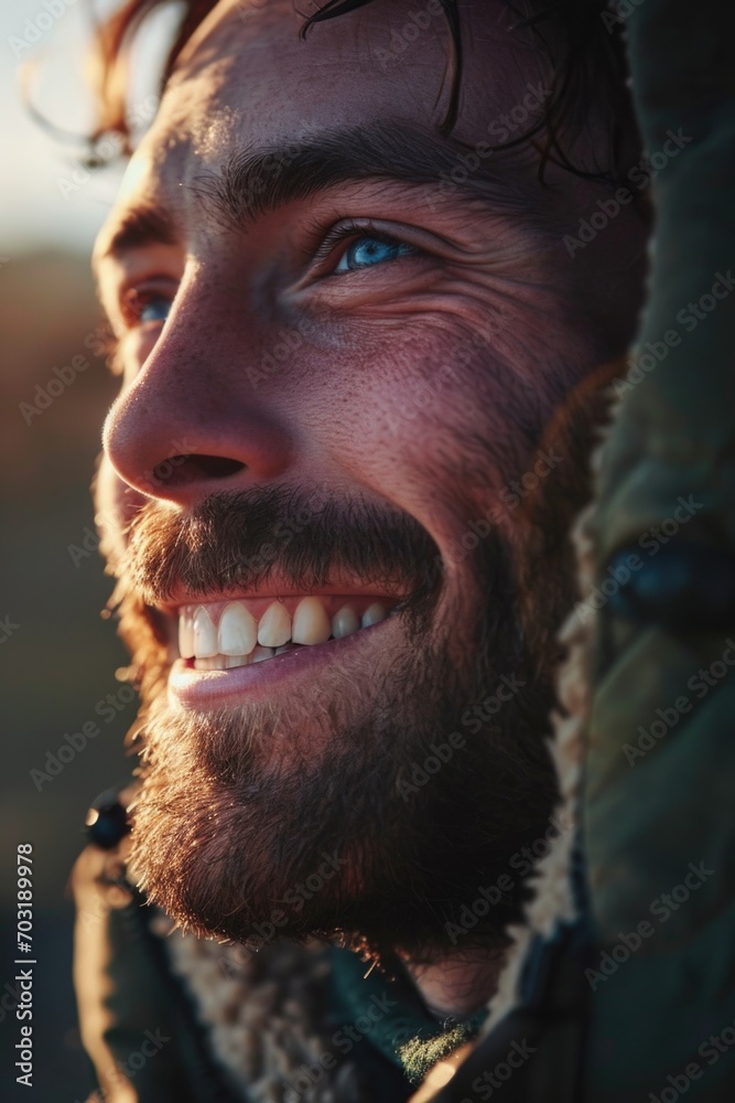 Poster a close-up view of a person with a beard. can be used to depict masculinity or as a portrait shot fo