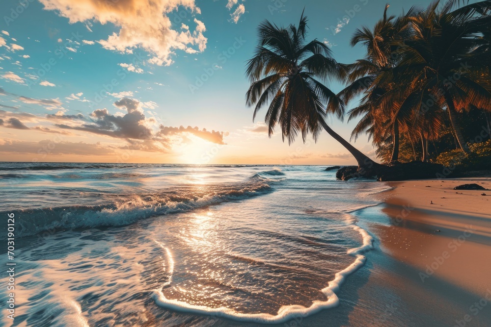 Poster a beautiful sunset scene over the ocean with palm trees. this image can be used to create a tropical