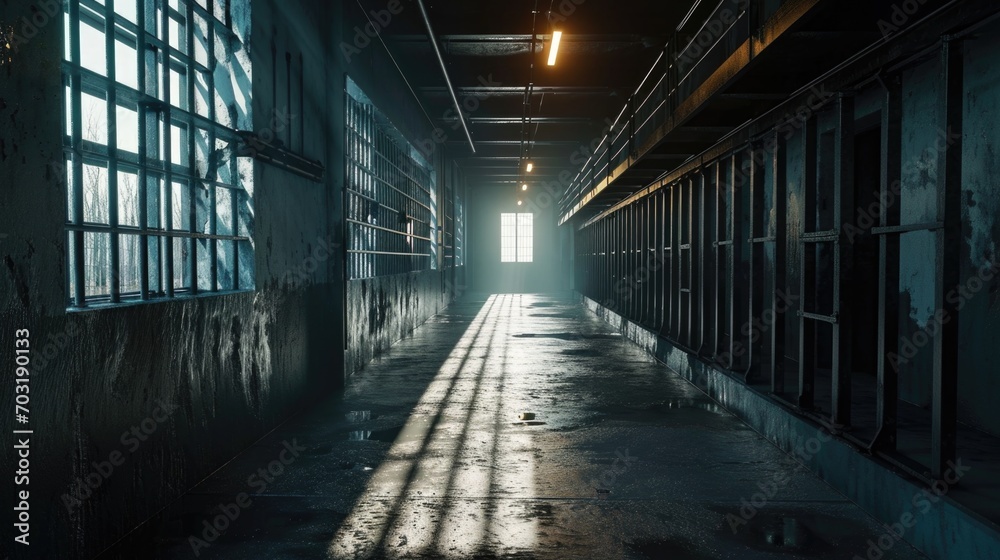 Poster a long hallway with a light at the end. ideal for illustrating concepts such as hope, progress, and 
