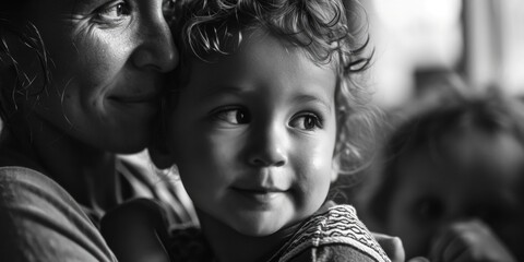 A black and white photo capturing the bond between a woman and a child. Perfect for illustrating...