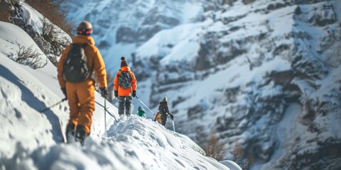 A group of people hiking up the side of a snow covered mountain. Suitable for outdoor adventure and winter activity themes - obrazy, fototapety, plakaty