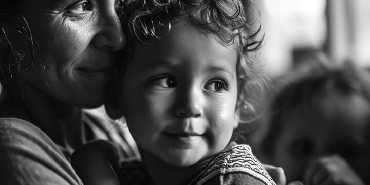 Fototapeta A black and white photo capturing the bond between a woman and a child. Perfect for illustrating the beauty of motherhood and the special connection between a mother and her child