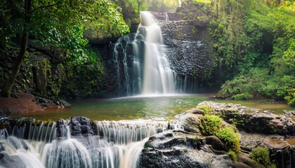 waterfall with in Rain Forest with the natural sunlight