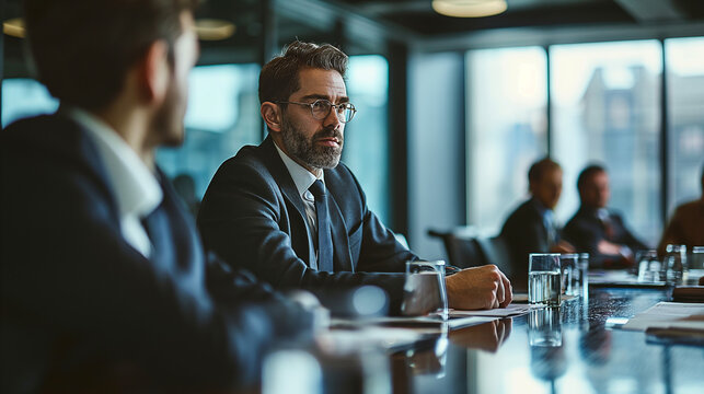 A successful young business professional in a sleek suit, leading a meeting in a contemporary office boardroom