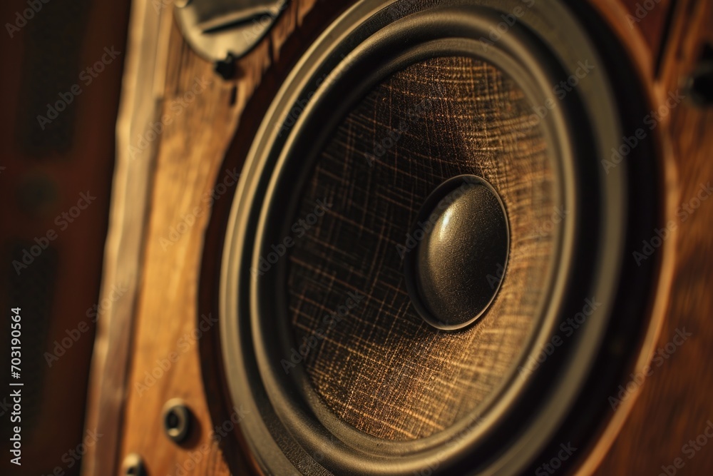 Poster close up shot of a speaker mounted on a wall. perfect for illustrating sound systems or audio equipm