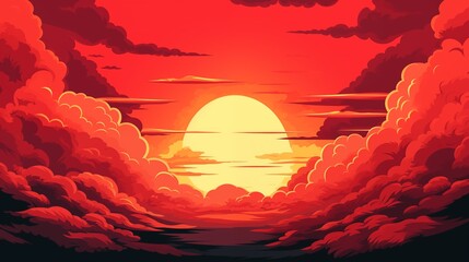 Obraz premium Illustration of a comics style background. Comics style, pop-up illustration. Sunset sun and clouds, pop-up cartoon style. Abstract background. Colorful graphic on abstract background. 