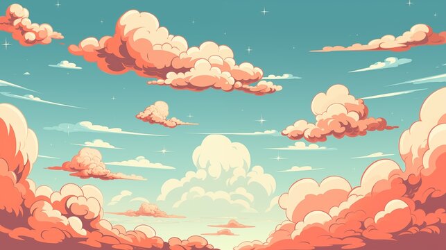 Illustration of a comics style background. Comics style, pop-up illustration. Sunset sun and clouds, pop-up cartoon style.  Abstract background. Colorful graphic on abstract background. 
