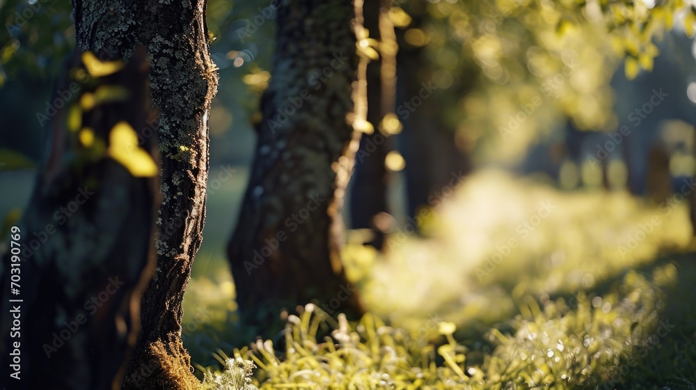 Poster A group of trees standing in the grass. Suitable for nature-themed projects
