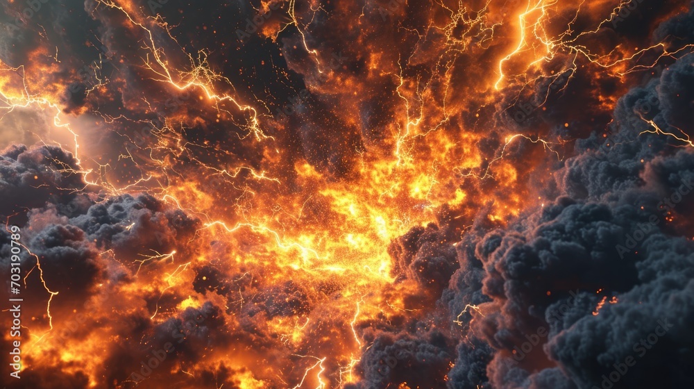 Poster A powerful and intense fire surrounded by billowing clouds. Perfect for illustrating the destructive force of nature. Suitable for use in articles, presentations, and educational materials
