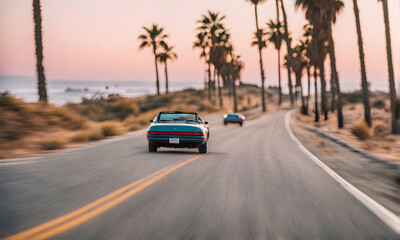 Fototapeta na wymiar California dream: Drive vibes with a classic 90s car