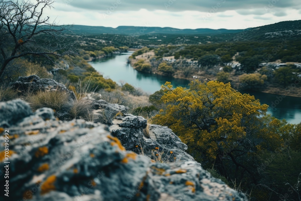Poster a picture of a river running through a vibrant and dense green forest. suitable for nature and lands