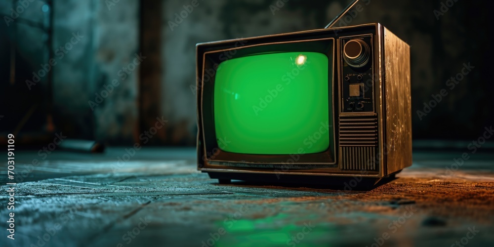 Aufkleber An old television with a green screen sitting on the floor. Perfect for adding your own content or using as a prop in a retro setting