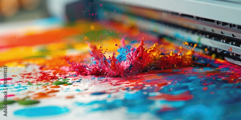 Poster a close-up view of a laptop covered in colorful paint splatters. perfect for creative and artistic c