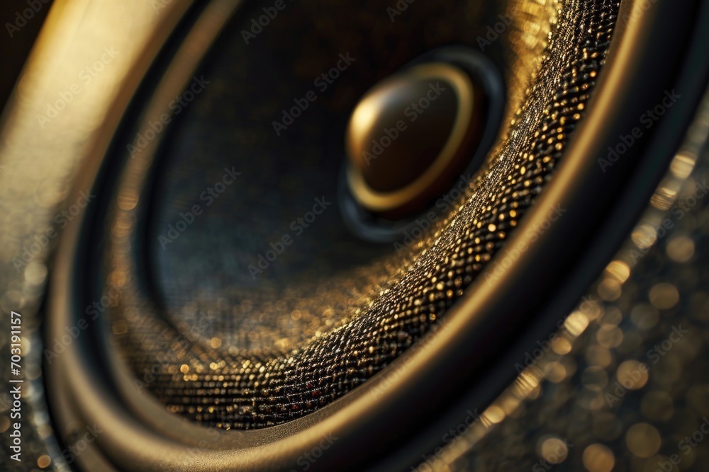 Poster a close up view of a speaker sitting on a table. this image can be used to depict audio equipment, t