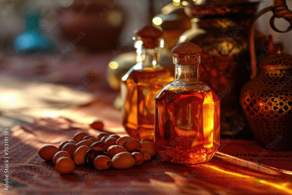 Poster a close-up view of a bottle of oil on a table. this image can be used for various purposes