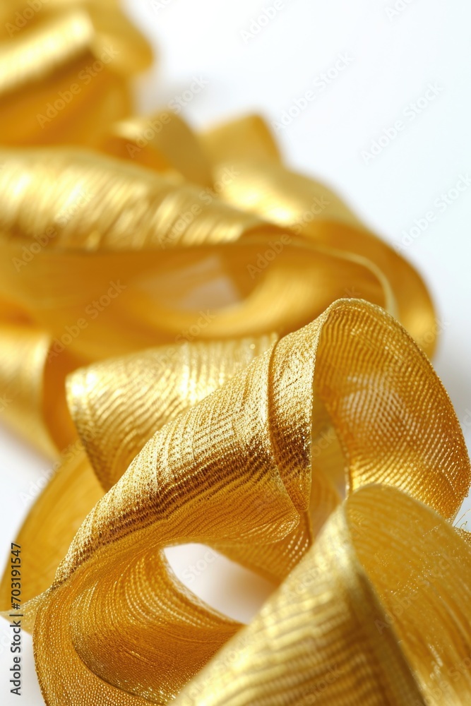 Poster A close-up view of a shiny gold ribbon resting on a smooth white surface. This versatile image can be used for various purposes
