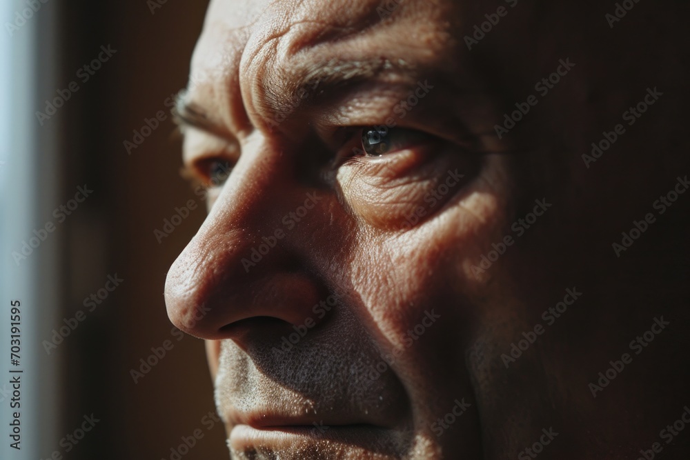 Poster A close-up shot of a man gazing out of a window. Suitable for various themes and concepts