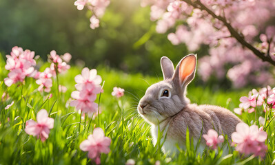 Easter enchantment: Rabbit in a spring blossom field