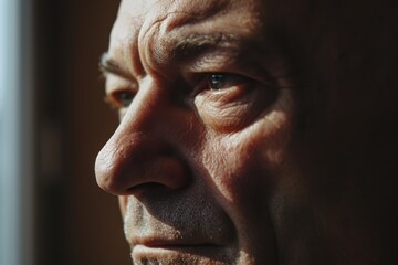 Obraz premium A close-up shot of a man gazing out of a window. Suitable for various themes and concepts
