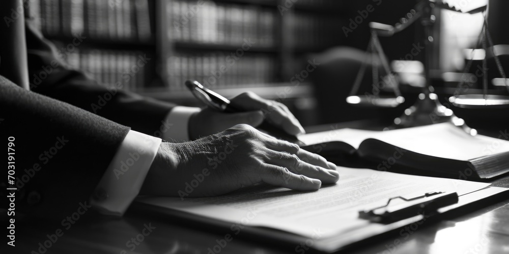 Poster a person sitting at a desk writing on a piece of paper. this image can be used for various purposes