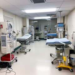 Modern operating room with various medical equipment, surgical tables, monitors and cabinets. The image is suitable for use in projects related to healthcare, medicine and technology.