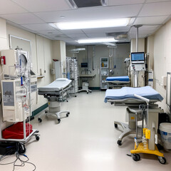 Fototapeta premium Modern operating room with various medical equipment, surgical tables, monitors and cabinets. The image is suitable for use in projects related to healthcare, medicine and technology.