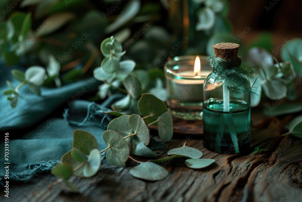 Poster A simple composition of a candle and leaves placed on a table. This versatile image can be used for various themes and concepts