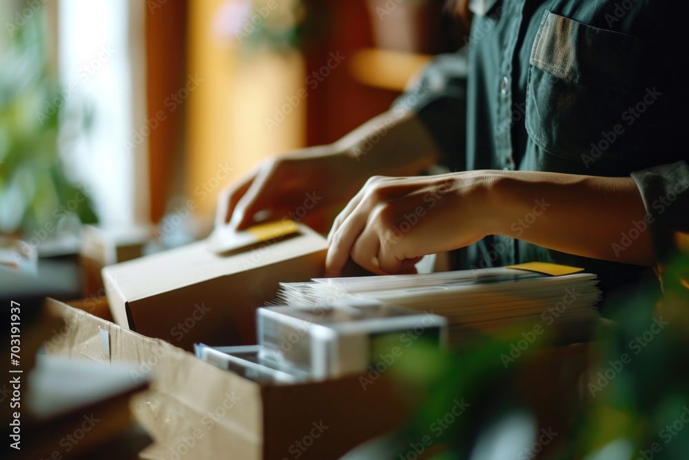Poster Person opening a box with a remote control. Can be used to illustrate unboxing or receiving a new electronic device