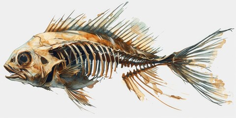 A painting of a fish skeleton on a white background. Suitable for scientific or educational materials