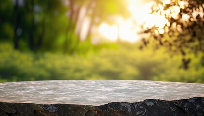 Stone podium table top outdoors blur green forest plant nature background - obrazy, fototapety, plakaty