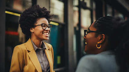 horizontal image of two young black girls meeting up in the street smiling and laughing AI generated