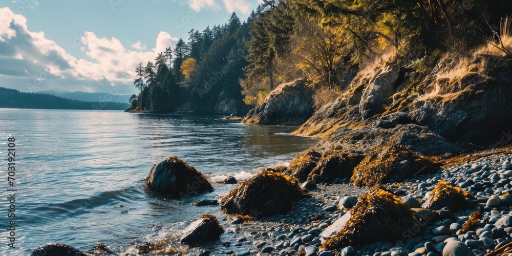 Poster a peaceful body of water nestled amidst lush trees and rugged rocks. perfect for adding a sense of c