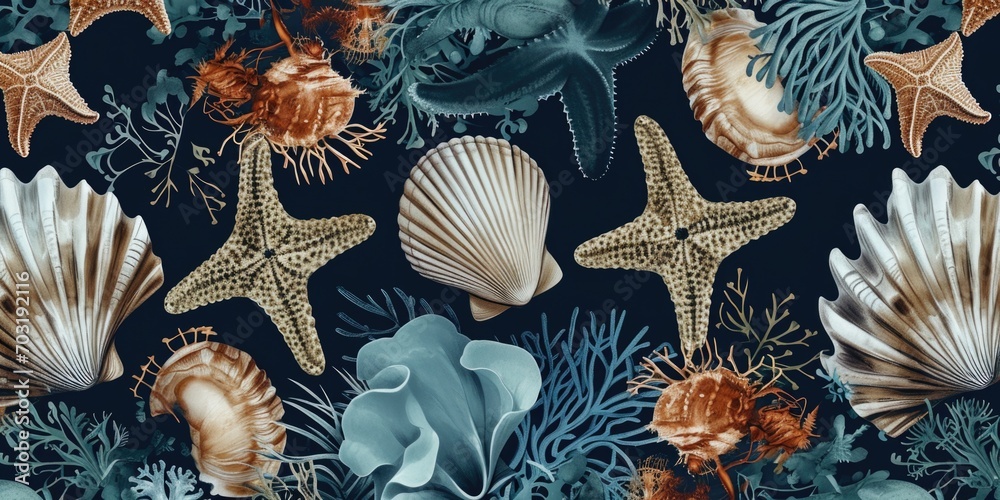 Poster a pattern of shells and starfish on a black background. perfect for beach-themed designs and summer-