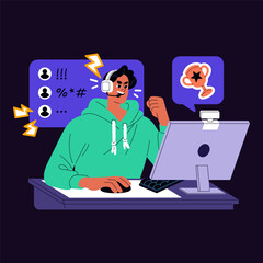 Gamer plays video games online. Computer player in headset wins in videogame. Young man, winner communicates with team in gaming chat. Professional cybersport. Flat isolated vector illustration