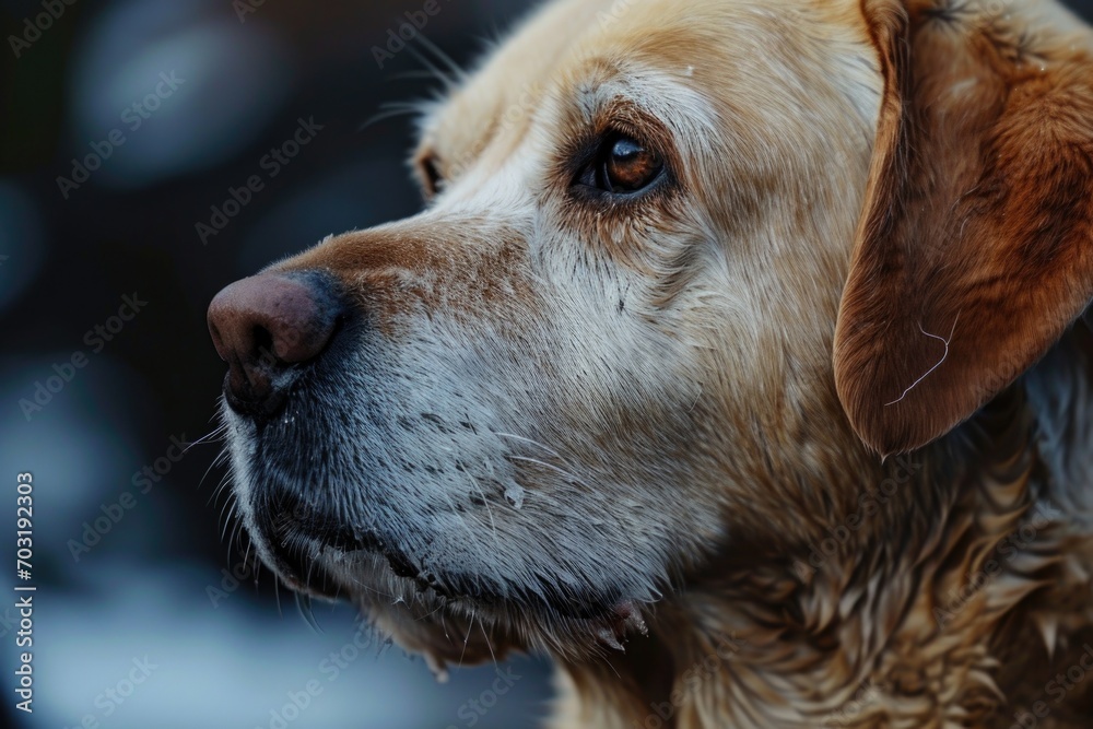 Poster A close-up view of a dog's face with a blurred background. Perfect for pet lovers or animal-themed designs