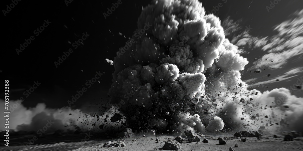 Aufkleber A powerful and intense black and white photograph capturing a large explosion. This image can be used to depict destruction, chaos, or the impact of a catastrophic event
