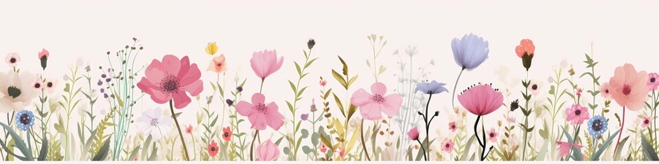 Spring and summer decorations background with beautiful wild flowers. Copy space for text banner.