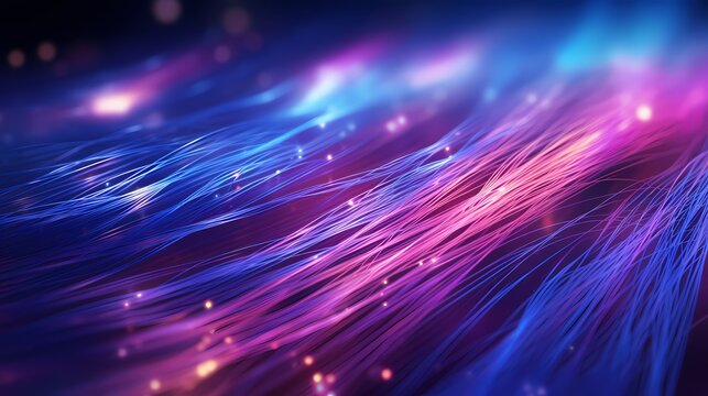Fiber optic threads intertwining in a mesmerizing dance, illustrating data connection speed lines technology abstract background. © Hamza