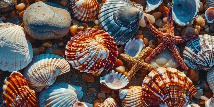 Shells and starfish are showcased in a close-up view on a sandy beach. This image can be used to depict marine life or as a background for beach-themed designs