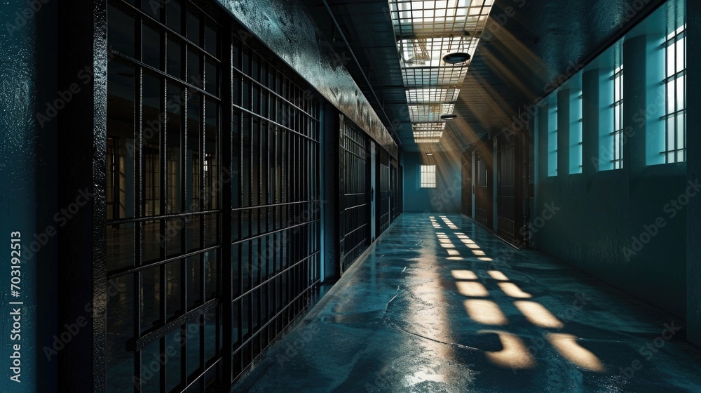Poster a long hallway with multiple windows. perfect for architectural designs or interior concepts