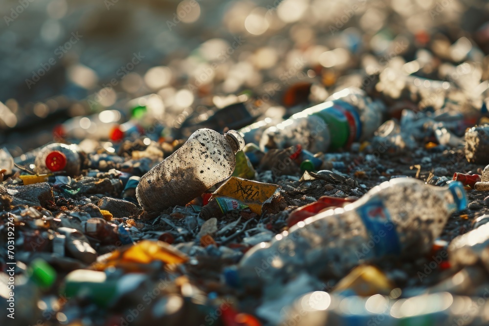 Poster A pile of garbage on the ground. Suitable for environmental issues or waste management concepts