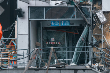 Destruction in a shopping center after being hit by a ballistic missile during the war in Ukraine and Russia. War, destruction of houses. Shopping center Appolo. DNIPRO, UKRAINE – December 29, 2023
