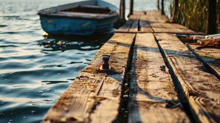 A wooden dock with a boat floating in the water. Suitable for travel, summer, and leisure-themed projects