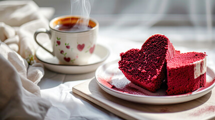 Valentine's day breakfast with heart-shaped two red velvet cake and latte coffee for on white table. View from above.