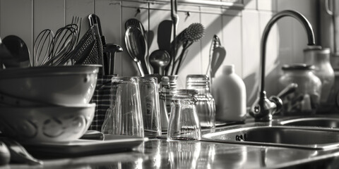 A black and white photo showcasing various kitchen utensils. This versatile image can be used in cooking blogs, recipe websites, or culinary publications