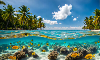 Fototapeta na wymiar Underwater magic: Split view of sunlit sea and vibrant underwater scene